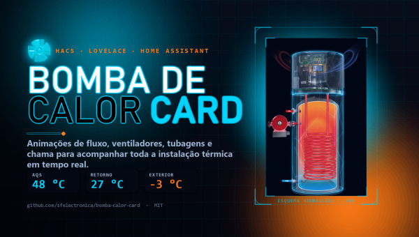 Ilustração do Bomba de Calor Card: título neon "Bomba de Calor Card" com a imagem BombaGold.png de um depósito térmico e indicadores de AQS, retorno e temperatura exterior.