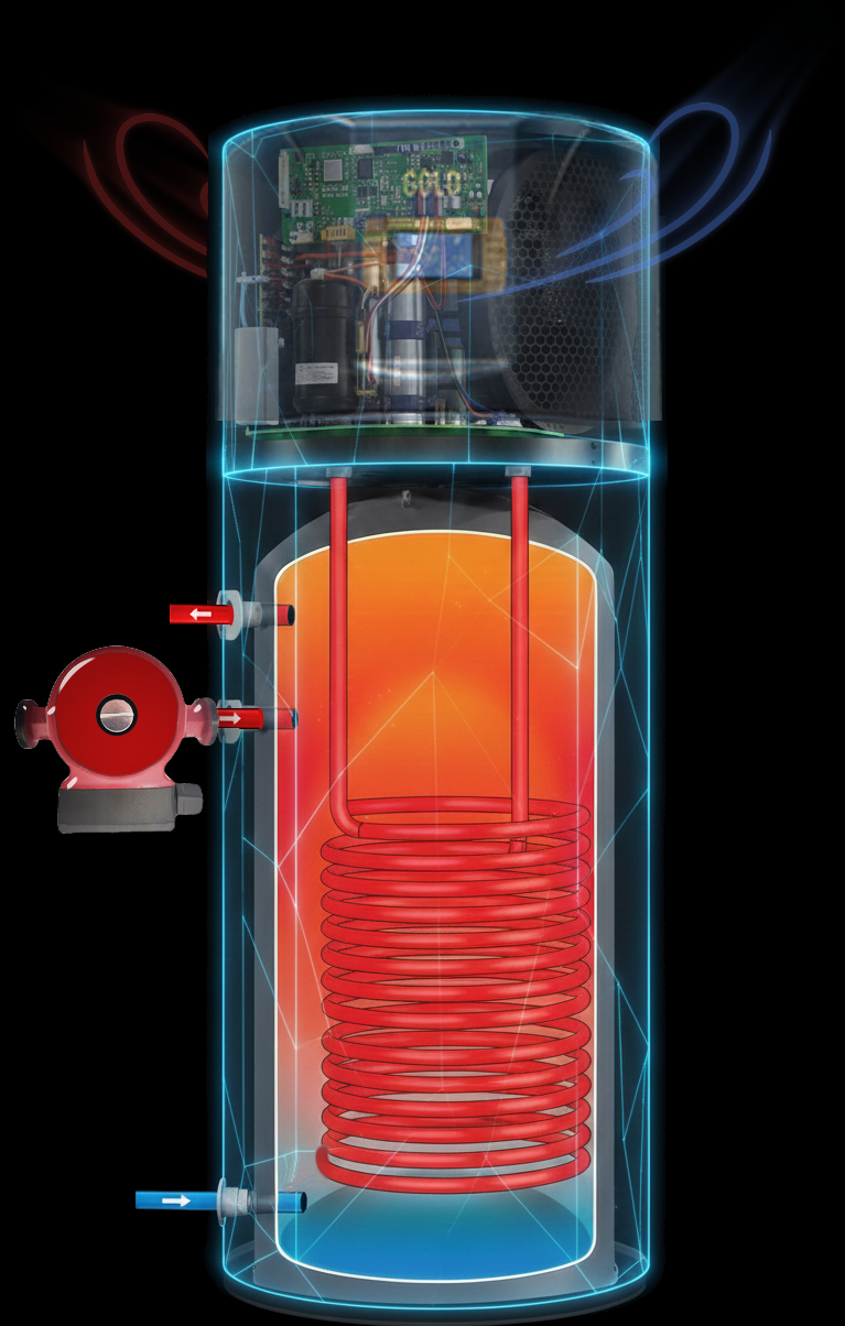 Ilustração técnica de um depósito de AQS com bomba de circulação, serpentina de permuta e módulo eletrónico de controlo.
