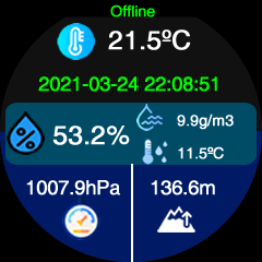 Ecrã da Estação Termo: imagem de fundo com temperatura, humidade, ponto de orvalho, humidade absoluta, pressão, altitude, data e hora.